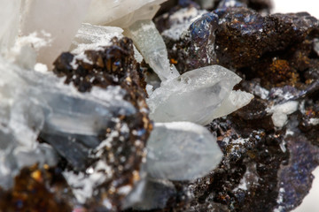 Macro mineral stone Drusus quartz with sphalerite in the rock a white background