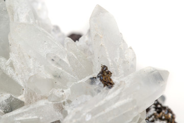 Macro mineral stone Drusus quartz with sphalerite in the rock a white background