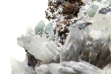 Macro mineral stone Drusus quartz with sphalerite in the rock a white background