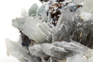 Macro mineral stone Drusus quartz with sphalerite in the rock a white background