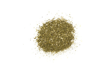 Flat lay view of dry Yerba Mate Tea powder on white backround. Dried yerba mate tea powder, isolated on white.