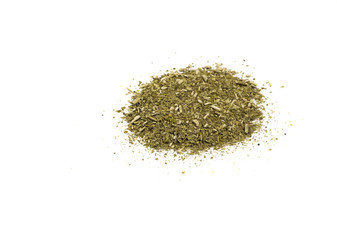 Yerba Mate Tea powder on white backround. Dried yerba mate tea powder.