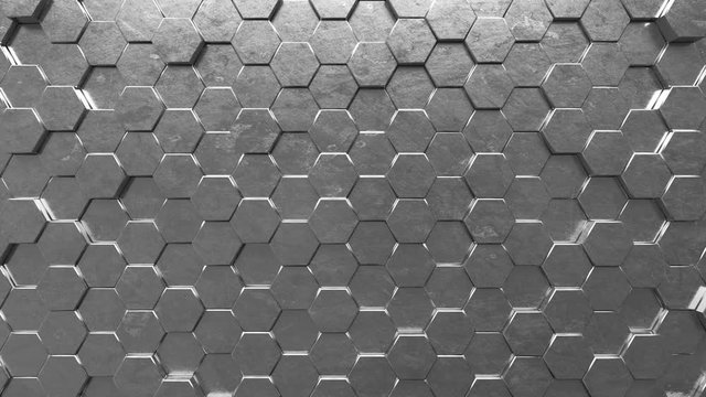 Abstract looping motion background texture of metallic hexagons.