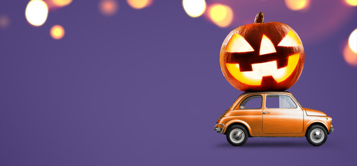 Halloween car delivering pumpkin against night scary autumn forest background
