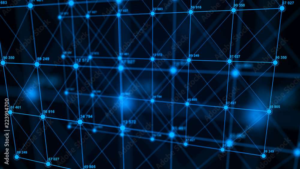 Poster Big data visualization. Technology block chain concept. Futuristic infographic. 3D Rendering. Network connection.