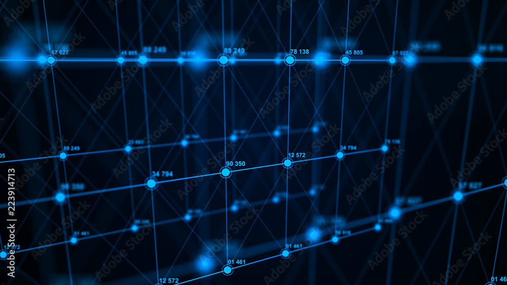 Poster Big data visualization. Technology block chain concept. Futuristic infographic. 3D Rendering. Network connection.
