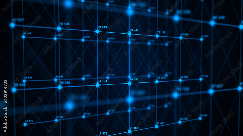 Poster Big data visualization. Technology block chain concept. Futuristic infographic. 3D Rendering. Network connection.