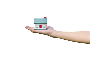 House in human hands isolated on a white background.