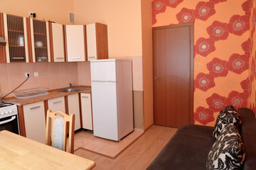 Interior of kitchen with bright wall-paper