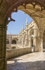 Fototapeta na wymiar Jeronimos monastery manueline style decoration architecture. Jeronimos monastery is medieval building and landmark of Lisbon, Portugal.
