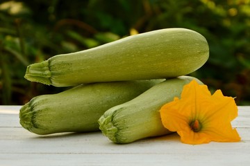 Fresh zucchini on the table in the garden close-up.