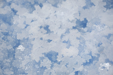 Dead Sea salt crystals close-up. Blue natural background top view