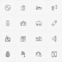Phototechnique line icon set with battery grip, case and camera lens