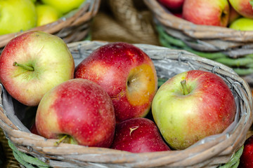 Marktstand mit Streuobst Äpfeln im Korb