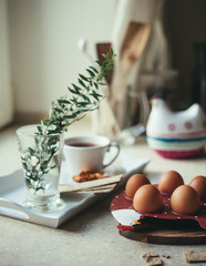 Morning composition with eggs, breadcrumbs and coffee