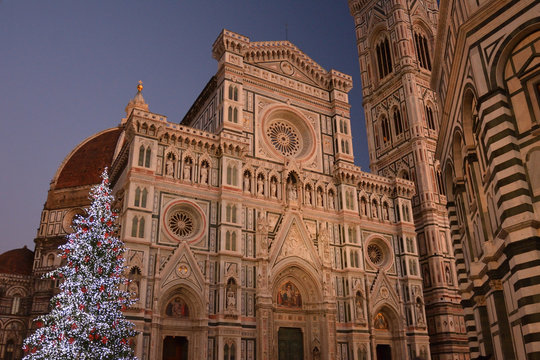 Christmas tree and Santa Maria del fiore in florence italy