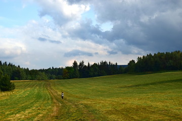  tourist on the trail in the mountains,  Rychlebské hory,  Złote mountains