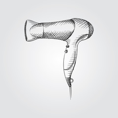 Hand Drawn Hairdryer Sketch Symbol isolated on white background. Vector barbershop accessories In Trendy Style. Hair care and Styling elements