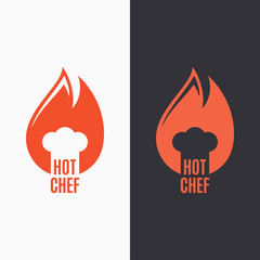 chef hat in fire flame logo on black and white background
