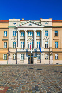Palace building of Croatian Sabor parliament with flags of Craotia and European Union in Zagreb Croatia