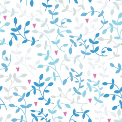 Vector seamless pattern of blue branches and pink hearts. - 223920739
