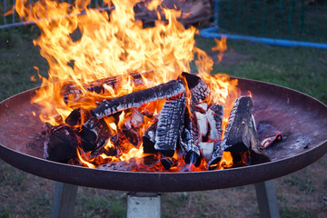 Blazing flames of a bonfire in a fire bowl.