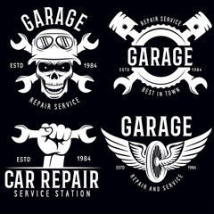 Vintage car service badges, templates, emblems and design elements, garage repair retro labels collection. Included tire service logos, mechanic tools, wrench, pistons and gear.
