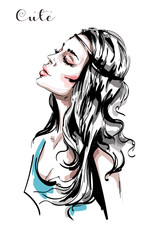 Hand drawn beautiful young woman profile. Stylish elegant girl with long blond hair. Fashion woman portrait. Sketch.