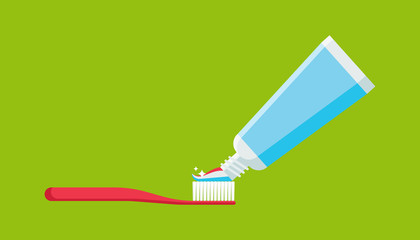 Toothbrush with toothpaste isolated vector illustration isolated on green background. Hygiene and teeth care elements in modern flat style. Brushing teeth concept.