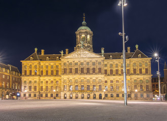 Royal Palace on Dam square at night, Amsterdam, Netherlands