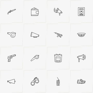Police line icon set with loudspeaker, police wanted  and wallet