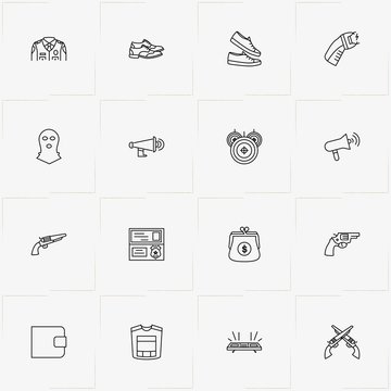 Police line icon set with police uniform , police flasher  and gun