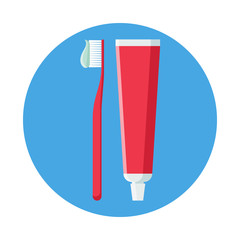 Toothbrush with toothpaste vector illustration isolated on blue background. Hygiene and teeth care elements in modern flat style. Brushing teeth concept.