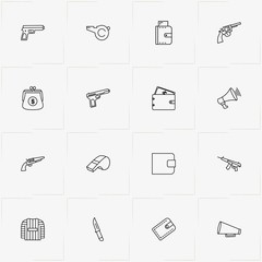 Police line icon set with gun , prisoner shirt  and whistle