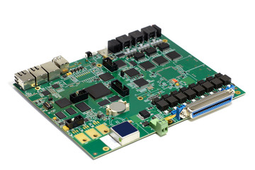 Electronic printed circuit board with chips and other components, green color, front side, angled view, isolated on white background