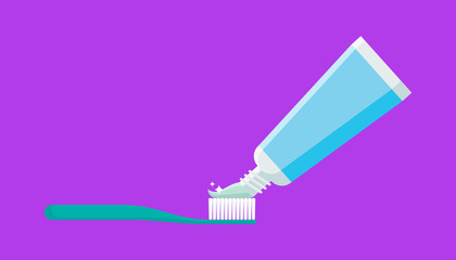 Toothbrush with toothpaste vector illustration isolated on purple background. Hygiene and teeth care elements in modern flat style. Brushing teeth concept.