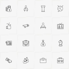 Politic line icon set with tribune, money bag and politic news