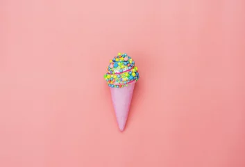 Gardinen Table top view shot of arrangement food object background concept.Flat lay of sweet ice cream cone on the modern rustic pink paper at home office desk wallpaper.Beautiful pastel tone creative design. © osabee