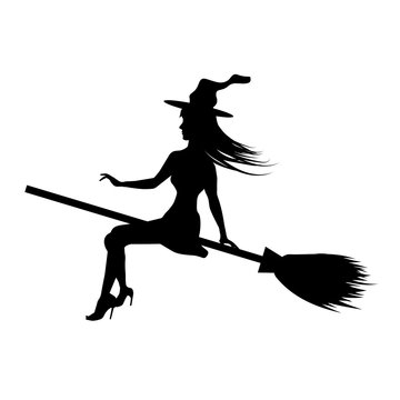 Silhouette young witch flying to broom isolated on white background. Vector illustration.