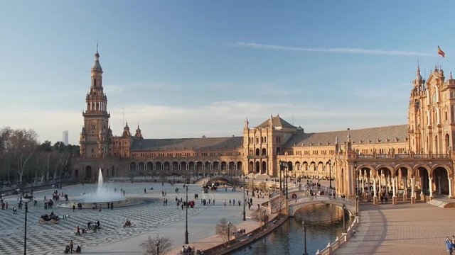 Sunset view of Spain Square (Plaza de Espana), Seville, Spain