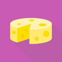Cheese flat icon with long shadow isolated on purple background. Simple Cheese in flat style, vector illustration for web and mobile design. Breakfast elements vector sign symbol.