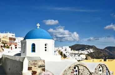 Oia village Thira Santorini Greece with blue sky.