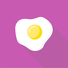 fried egg flat icon with long shadow isolated on purple background. Simple fried egg in flat style, vector illustration for web and mobile design. Breakfast elements vector sign symbol.