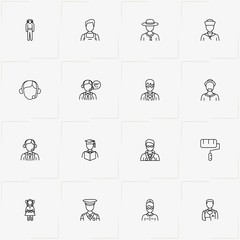 Professions line icon set with astronaut, waiter and student