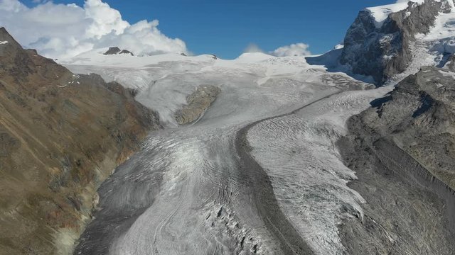 Aerial view of the melting Gorner Glacier in the Monte Rosa Alps in Zermatt, Switzerland