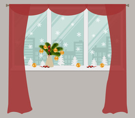 Window, decorated with Christmas decoration. There is a vase with fir branches, white snowflakes, silhouettes of Christmas trees, gold Christmas balls and red ribbons in the picture. Vector image