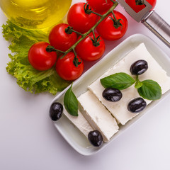 A piece of feta cheese on a white background