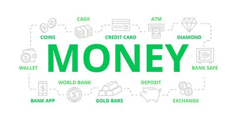  money and bank thin line banner for design concept. Illustration for presentations on white background