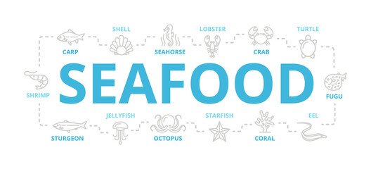  seafood and fish thin line banner for design concept. Illustration for presentations on white background