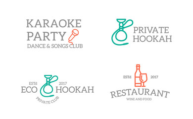 Set of retro vintage night club, karaoke, disco, hookah logo or insignia, emblems, labels and badges and other branding objects. line style